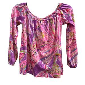 Lilly Pulitzer pink purple floral jersey knit 3/4 sleeve coastal blouse sz XXS